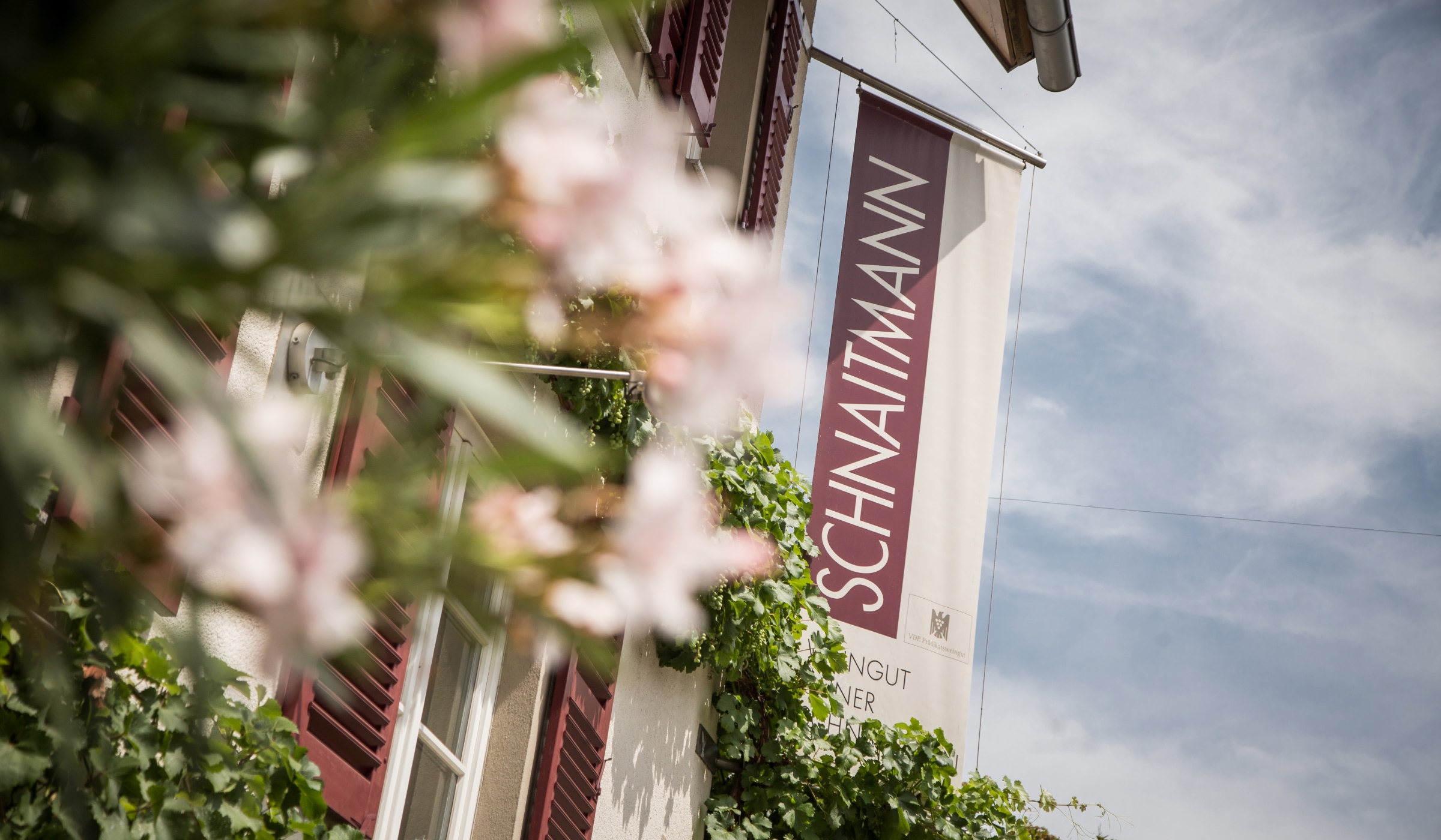 Ein begrüntes Gebäude mit roten Fensterläden, das teilweise von verschwommenen rosa Blumen verdeckt wird, zeigt ein vertikales Schild mit der Aufschrift "SCHNAITMANN" vor blauem Himmel.